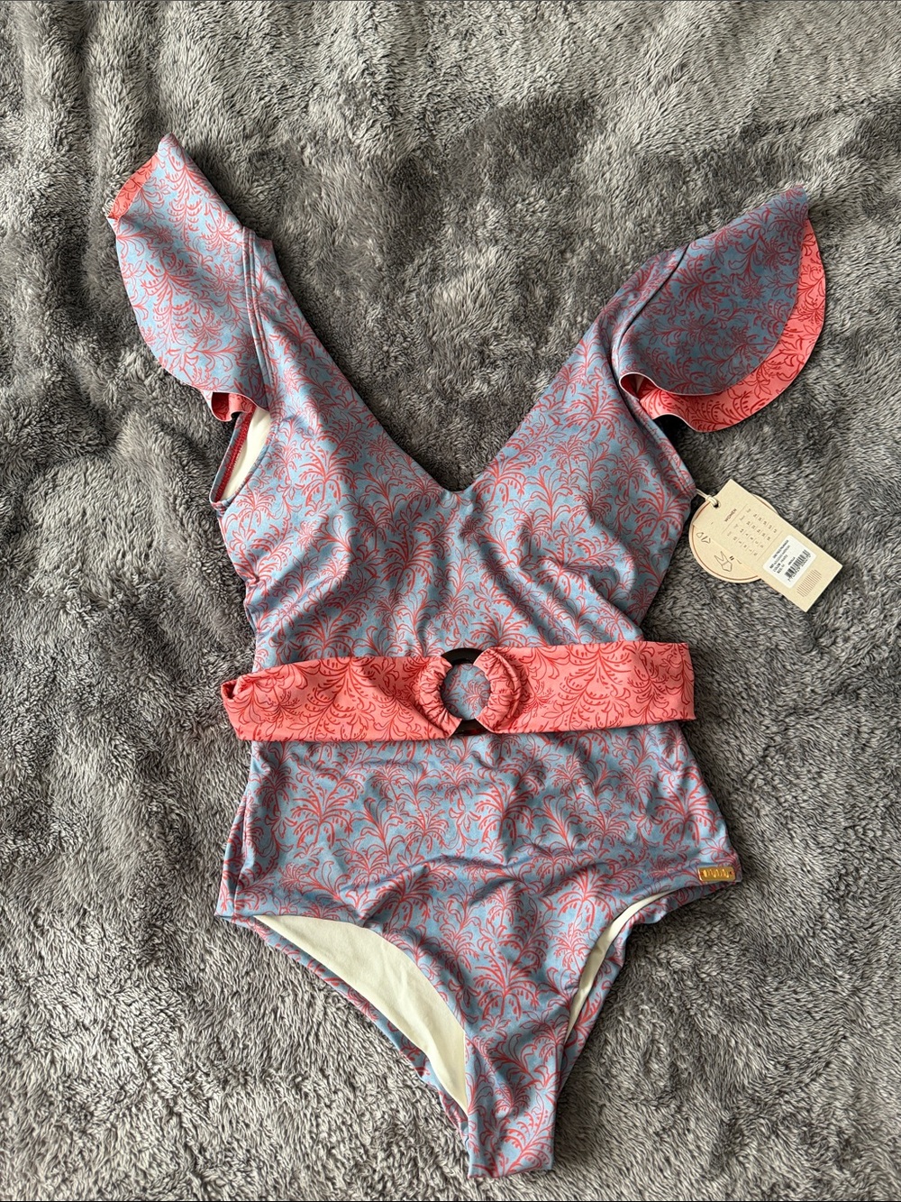 Floral Print Coral-Blue One-Piece Swimsuit with Belt